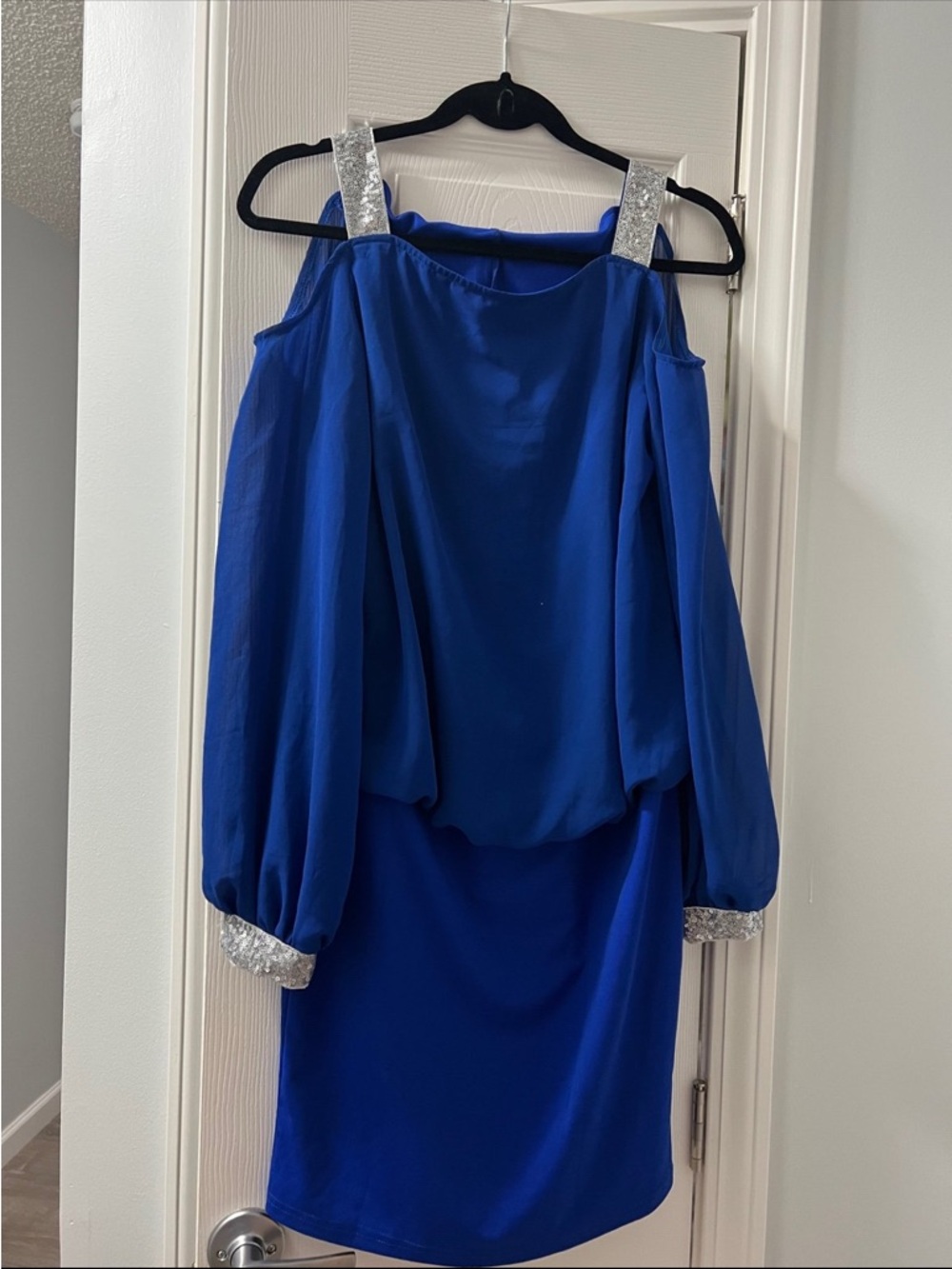 Royal Blue Cold-Shoulder Dress with Silver Sequin Straps